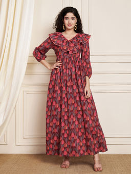 COTLAND FASHION - Floral Cotton Ruffle Neck Maxi Dress