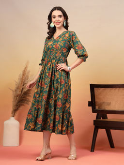 COTLAND FASHION - Floral Cotton With Flared Hem Midi Dress