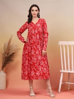 COTLAND FASHION - Floral Cotton With V Neck Midi Dress