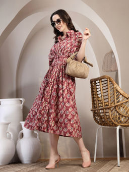 COTLAND FASHION - Printed Cotton With Gathered Waist Shirt Dress