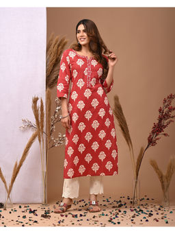 Rimeline - Women Maroon Printed Round Neck Pure Cotton Straight Kurta