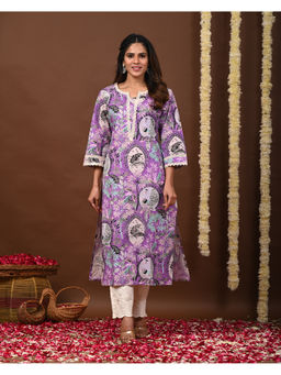 Rimeline - Women Purple Floral Printed Round Neck Pure Cotton Straight Kurta