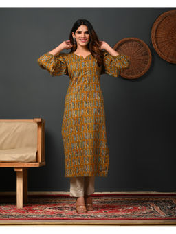 Rimeline - Women Mustard Paisley Printed Round Neck Puff Sleeves Straight Kurta