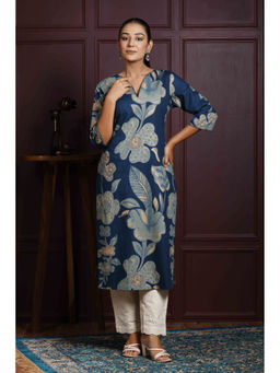 Rimeline - Women Blue Floral Printed V-Neck Pure Cotton Straight Kurta