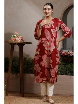Rimeline - Women Red Floral Printed V-Neck Pure Cotton Straight Kurta