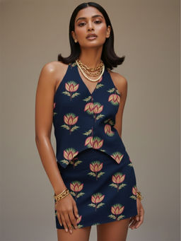 Rangita - Women Navy Blue Cotton Flex Printed Waist Coat Top
