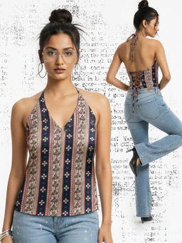 Rangita - Women Navy Blue Cotton Cambric Printed Straight Top