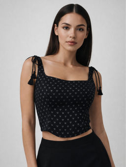 Rangita - Women Black Jacquard Woven Corset Crop Top