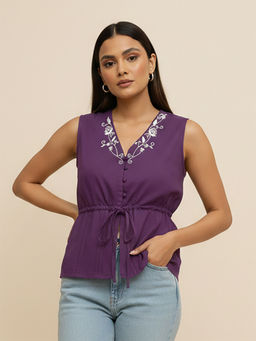 Rangita - Women Purple Poly Viscose Solid Peplum Top