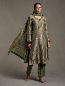 Ritu Kumar - Olive Kashida Hand Embroidery Jamawar Kurta with Pant and Dupatta (Set of 3)