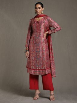 Ritu Kumar - Pink Jamawar Kurta with Palazzo and Dupatta (Set of 3)