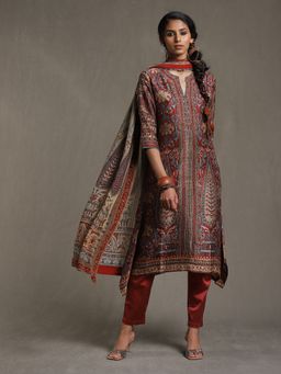 Ritu Kumar - Burgundy Paisley Kurta with Pant and Dupatta (Set of 3)