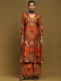 Ritu Kumar - Burgundy Mandala Floral Printed Kurta with Palazzo and Dupatta (Set of 3)