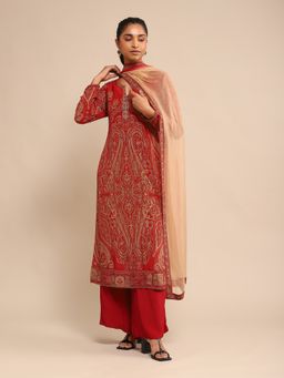 Ritu Kumar - Racy Red Hand Embroidered Mandana Kurta with Palazzo and Dupatta (Set of 3)