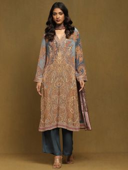 Ritu Kumar - Blue Hand Embroidered Chakori Kurta with Palazzo and Dupatta (Set of 3)