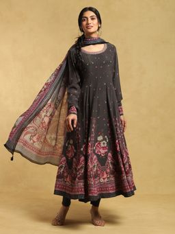 Ritu Kumar - Charcoal Crepe Embroidered Anarkali with Churidar and Dupatta (Set of 3)