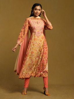 Ritu Kumar - Peach Crepe Embroidered Anarkali with Churidar and Dupatta (Set of 3)