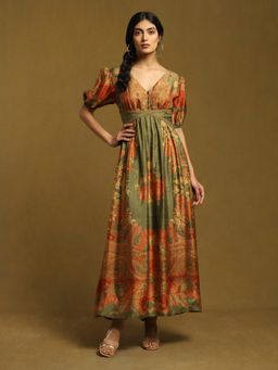 Ritu Kumar - Olive Green Printed Semi Fitted Dress