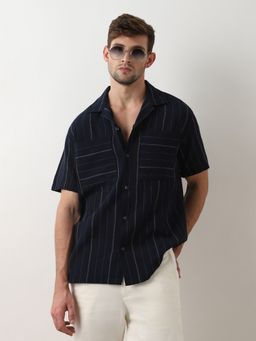 Selected - Dark Blue Striped Short Sleeves Shirt