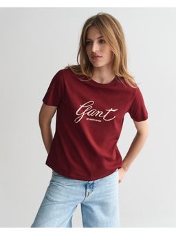 GANT - Women Maroon Solid Round Neck Short Sleeves T-Shirt