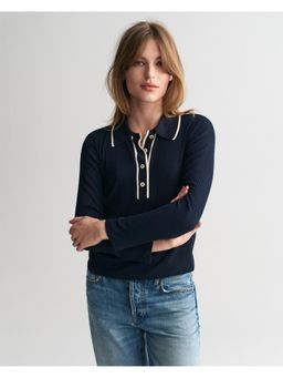 GANT - Women Blue Solid Polo Neck Full Sleeves T-Shirt