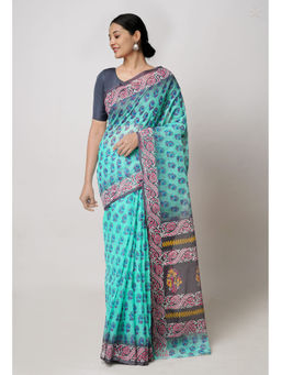 Unnati Silks - Sea Green Pure Block Printed Kota Saree with Unstitched Blouse