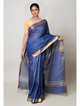 Unnati Silks - Navy Blue Mangalgiri Checks Sico Saree with Unstitched Blouse