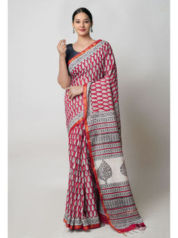Unnati Silks - Red Pashmina Hand Block Bagru Printed Cotton Saree with Unstitched Blouse