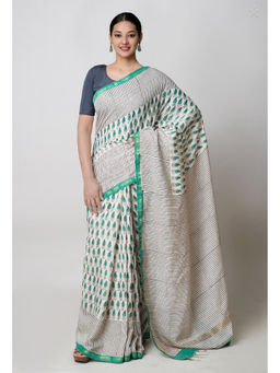 Unnati Silks - Beige Pashmina Hand Block Bagru Printed Cotton Saree with Unstitched Blouse