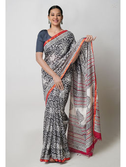 Unnati Silks - Black Pashmina Hand Block Bagru Printed Cotton Saree with Unstitched Blouse