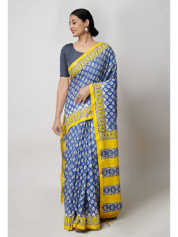 Unnati Silks - Blue Pashmina Hand Block Bagru Printed Cotton Saree with Unstitched Blouse