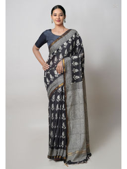 Unnati Silks - Black Pashmina Hand Block Bagru Printed Cotton Saree with Unstitched Blouse