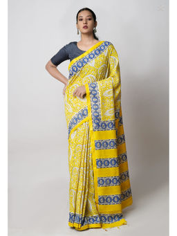 Unnati Silks - Yellow Pashmina Hand Block Bagru Printed Cotton Saree with Unstitched Blouse