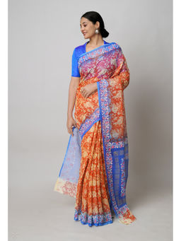 Unnati Silks - Orange Pure Block Printed Kota Saree with Unstitched Blouse