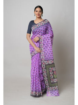Unnati Silks - Purple Pure Block Printed Kota Saree with Unstitched Blouse