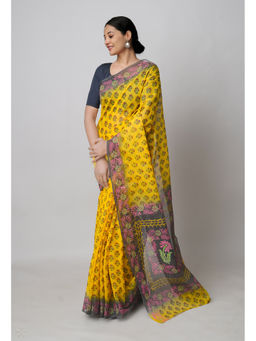Unnati Silks - Yellow Pure Block Printed Kota Saree with Unstitched Blouse