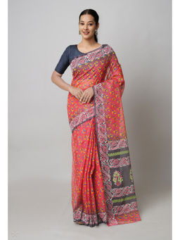 Unnati Silks - Red Pure Block Printed Kota Saree with Unstitched Blouse