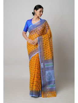 Unnati Silks - Mustard Pure Block Printed Kota Saree with Unstitched Blouse