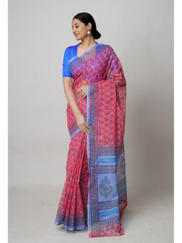 Unnati Silks - Coral Pure Block Printed Kota Saree with Unstitched Blouse