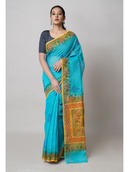 Unnati Silks - Blue Pure Block Printed Kota Saree with Unstitched Blouse