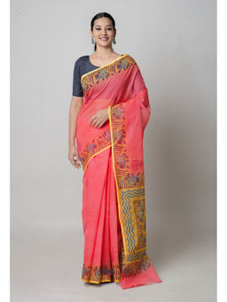 Unnati Silks - Coral Pure Block Printed Kota Saree with Unstitched Blouse