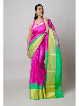 Unnati Silks - Pink And Green Pure Dyed Kota Silk Saree with Unstitched Blouse