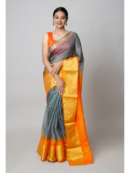 Unnati Silks - Grey And Orange Pure Dyed Kota Silk Saree with Unstitched Blouse