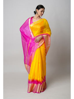 Unnati Silks - Yellow And Pink Pure Dyed Kota Silk Saree with Unstitched Blouse