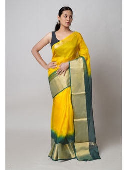 Unnati Silks - Yellow And Dark Green Pure Dyed Kota Silk Saree with Unstitched Blouse