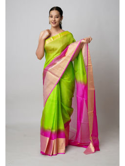 Unnati Silks - Green And Pink Pure Dyed Kota Silk Saree with Unstitched Blouse