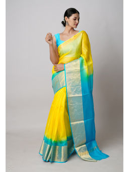 Unnati Silks - Yellow And Blue Pure Dyed Kota Silk Saree with Unstitched Blouse