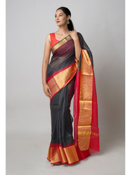 Unnati Silks - Black And Red Pure Dyed Kota Silk Saree with Unstitched Blouse