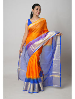 Unnati Silks - Orange And Dark Blue Pure Dyed Kota Silk Saree with Unstitched Blouse