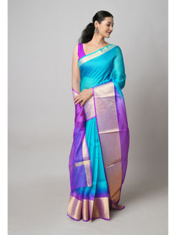 Unnati Silks - Turquoise And Violet Pure Dyed Kota Silk Saree with Unstitched Blouse